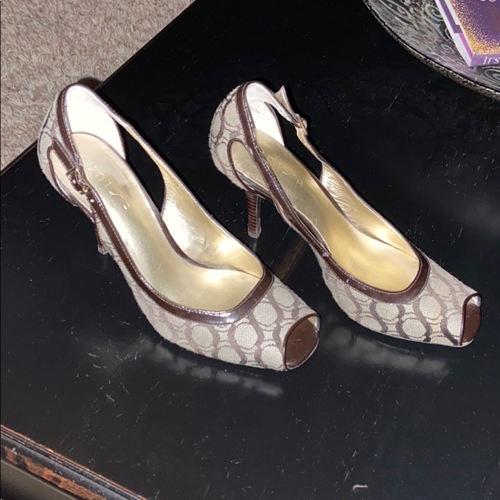 Brown patent trim fabric peekaboo toe heels